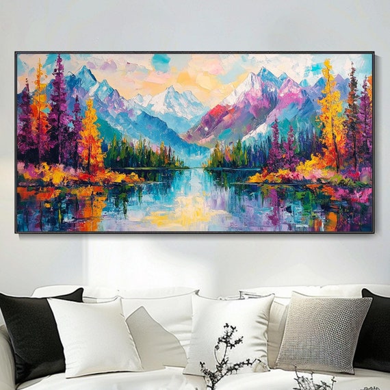 Vibrant Mountain Landscape Oil Painting Abstract Nature Scenery Rich Colors Thick Texture 3d Knife Art Modern Art Lake Reflection