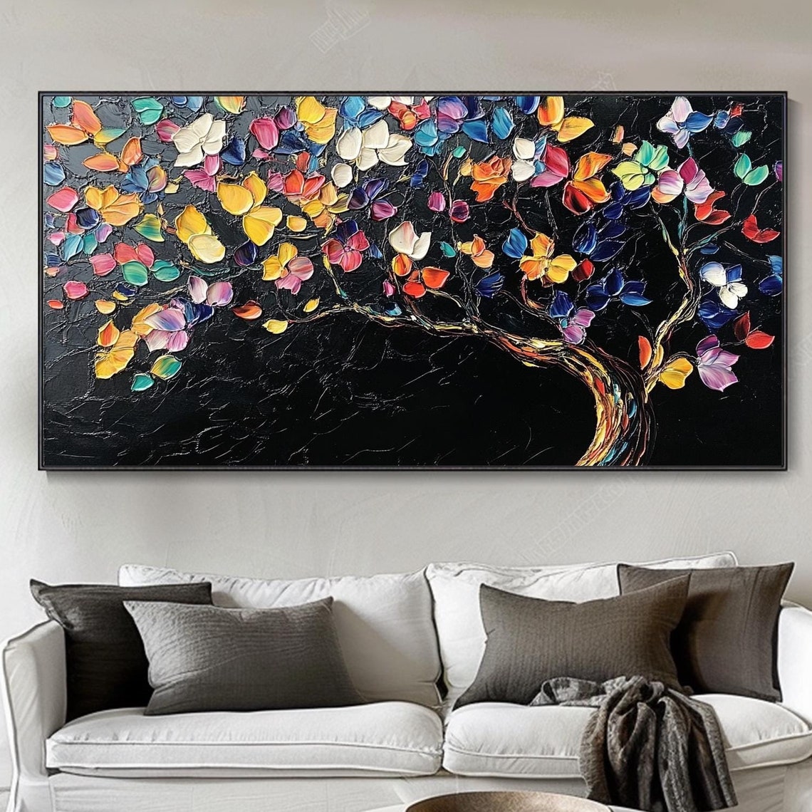 Tree of Life Colorful Blossoms Black Background Modern Art Poster