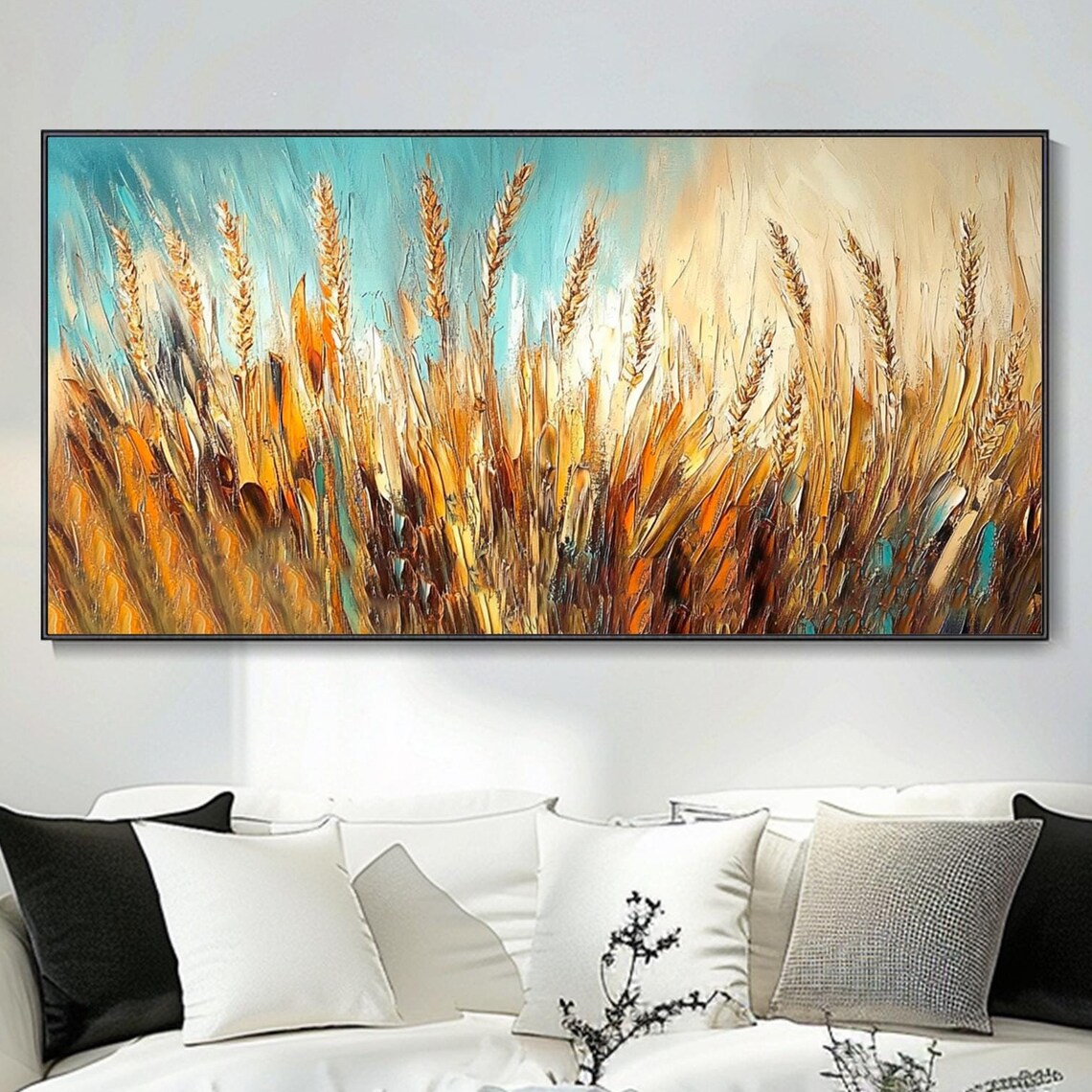 Golden Wheat Field Turquoise Sky Textured Harvest Oil Art Poster