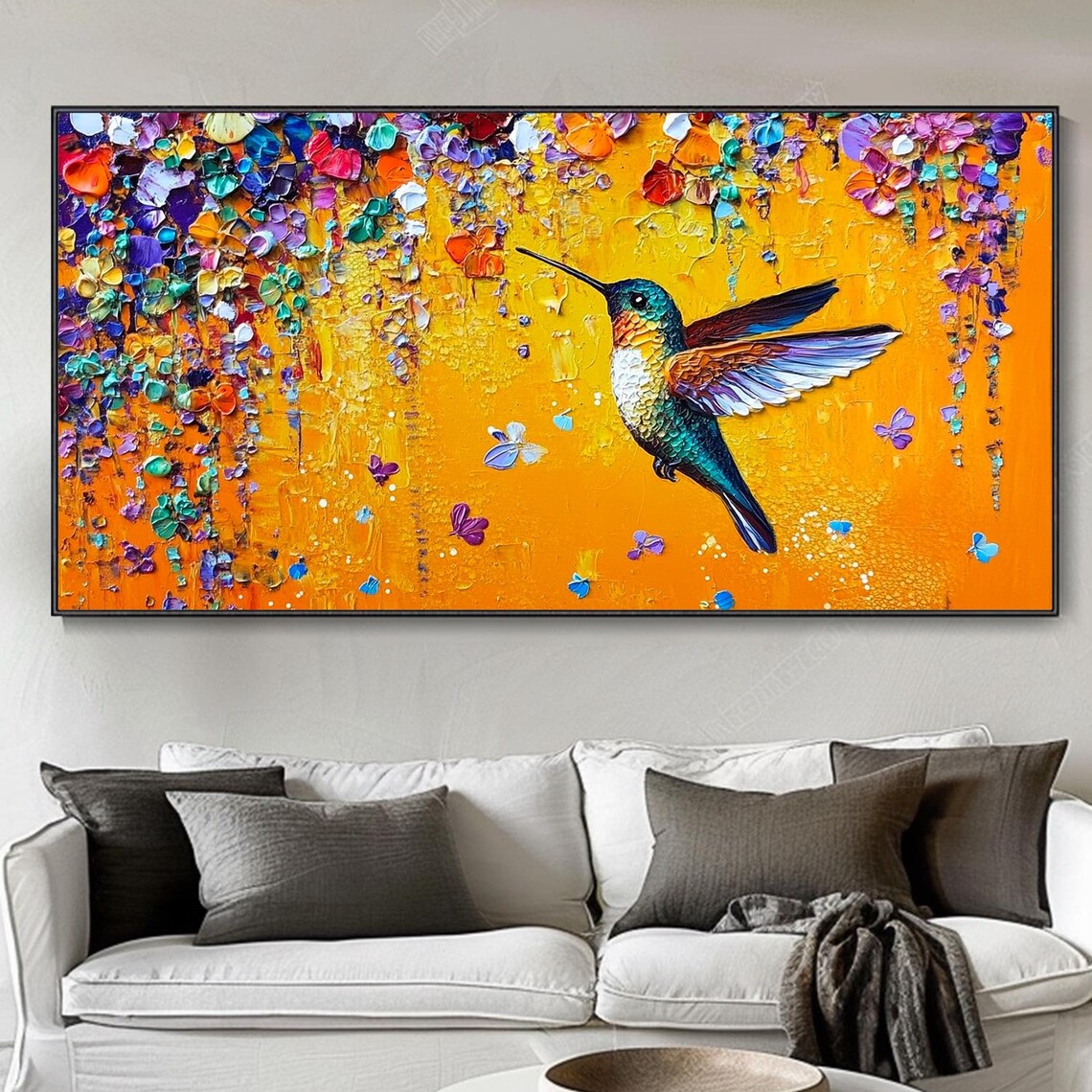Colorful Hummingbird Flying Orange Blossom Petals Impasto Art Poster