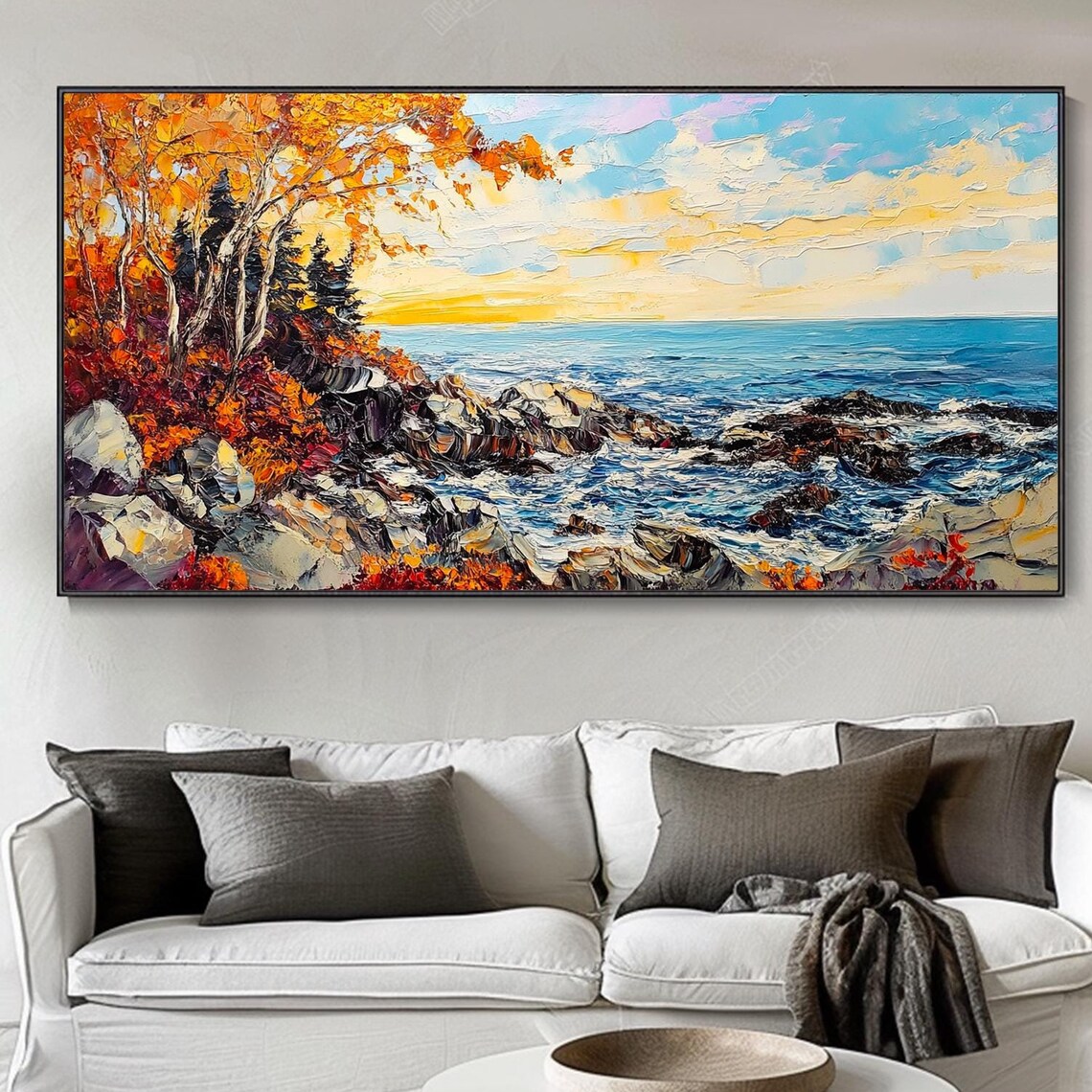 Autumn Rocky Coastline Ocean Sunset Orange Foliage Art Poster