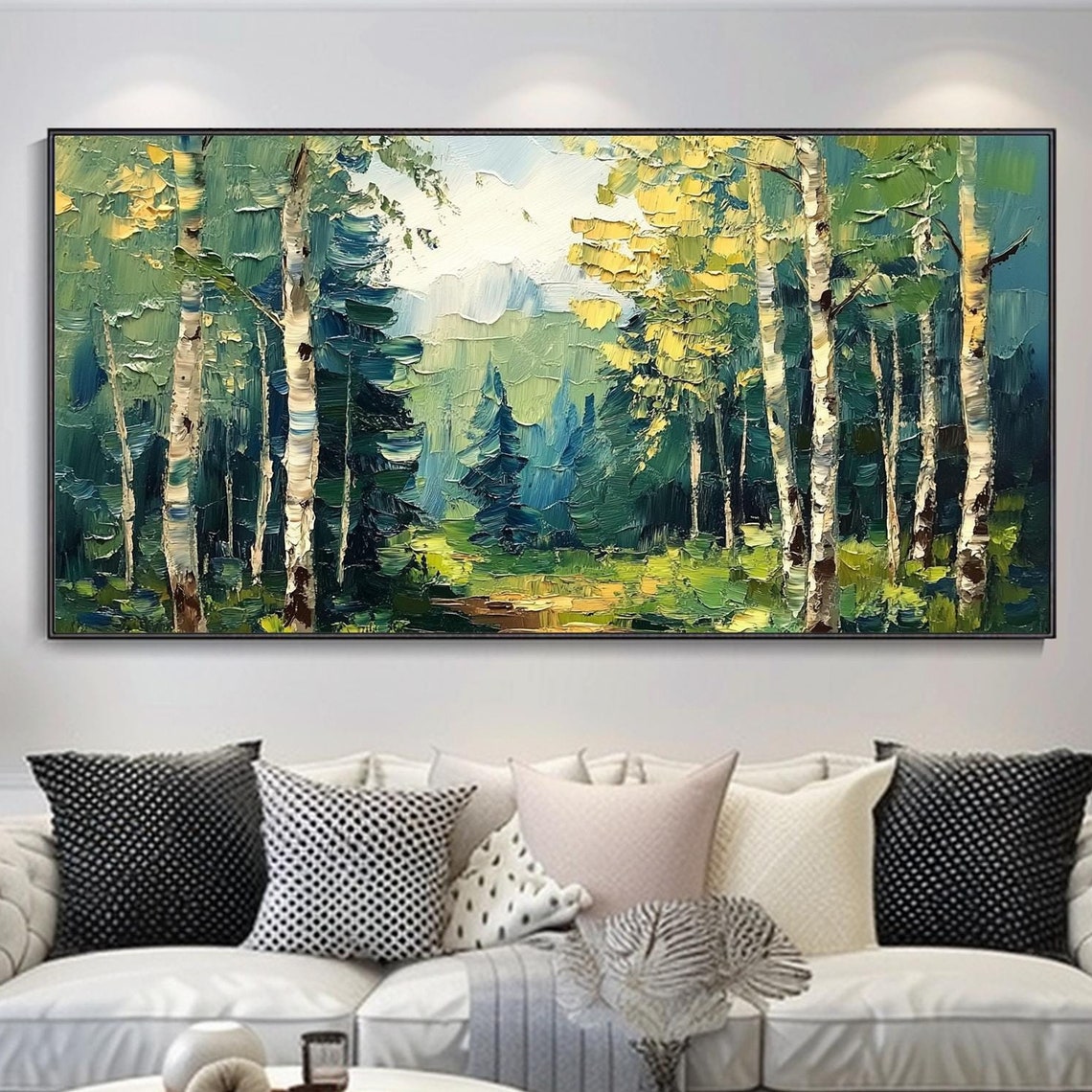 Birch Trees Lush Green Forest Golden Light Nature Art Poster