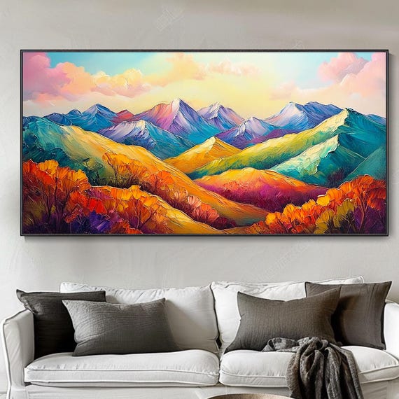 Large Wall Mountain Landscape Colorful Decor Art Hand Abstract 3d Thick Texture Sunrise Sunshine Living Room Wall Art Contemporary Landscape