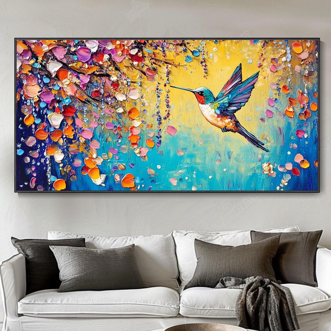 Cherry Blossom Waterfall Hummingbird Oil Art Print