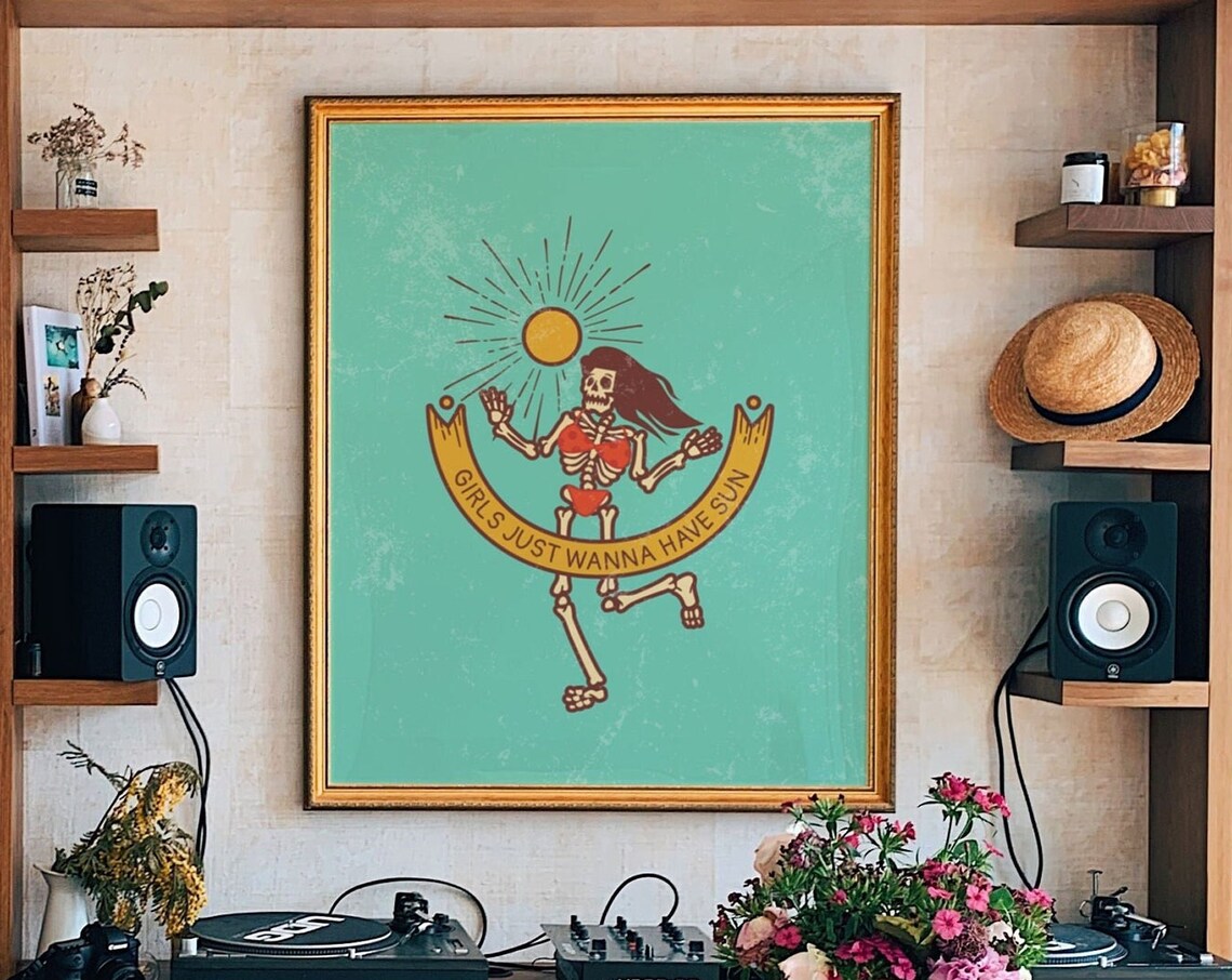Girls Just Wanna Have Sun Skeleton Dancer Teal Funny Quote Poster