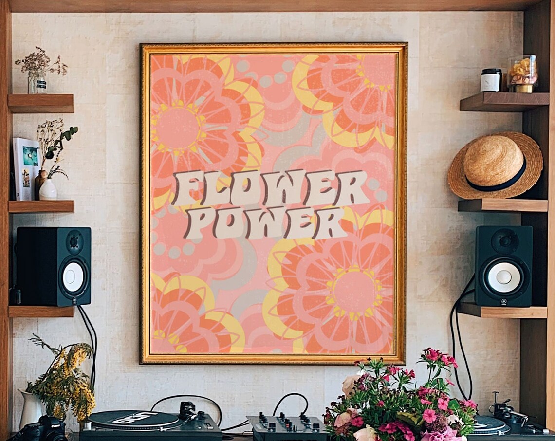 Flower Power Coral Pink Bloom Retro Typography Floral Wall Art