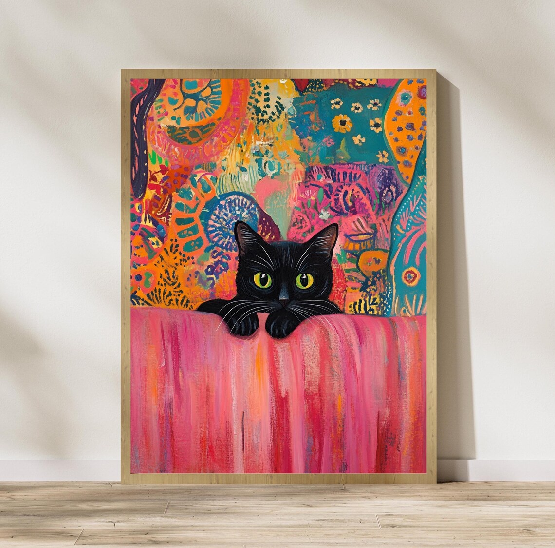 Abstract Black Cat Behind Pink Couch Abstract Art Print