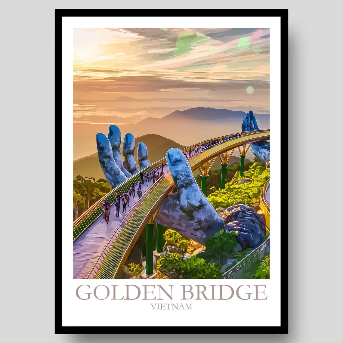 Golden Bridge Vietnam Giant Stone Hands Sunset Travel Poster