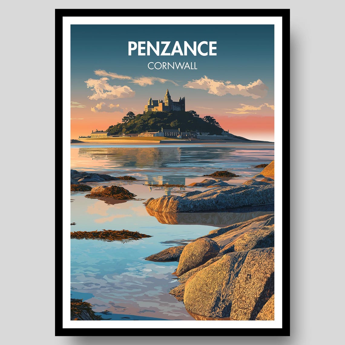 Penzance Cornwall Island Castle Sunset Glow Travel Art Poster