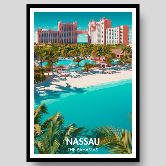 Nassau Bahamas Caribbean Beach Resort Palms Pink Hotel Travel Poster