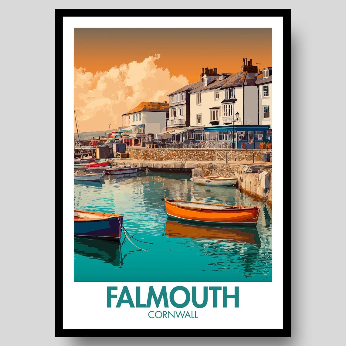 Falmouth Cornwall Harbor Boats Sunset Retro Travel Illustration Poster
