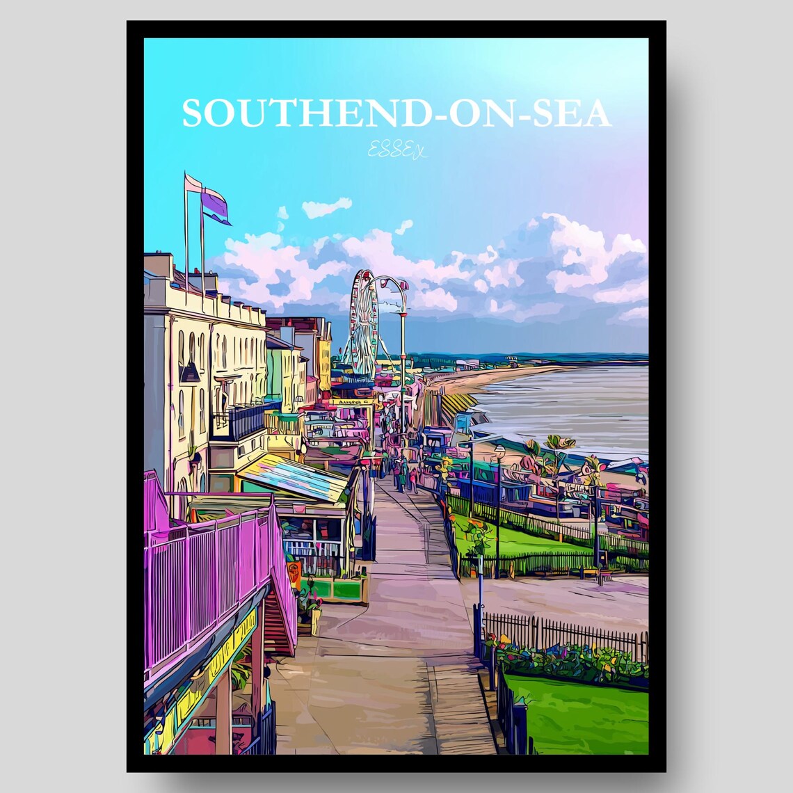 Southend On Sea Essex Pier Entrance Funfair Wheel Beach Day Poster