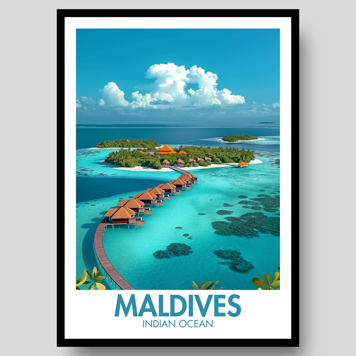 Maldives Indian Ocean Overwater Bungalow Tropical Travel Poster
