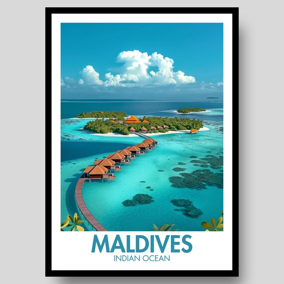 Maldives Indian Ocean Overwater Bungalow Tropical Travel Poster