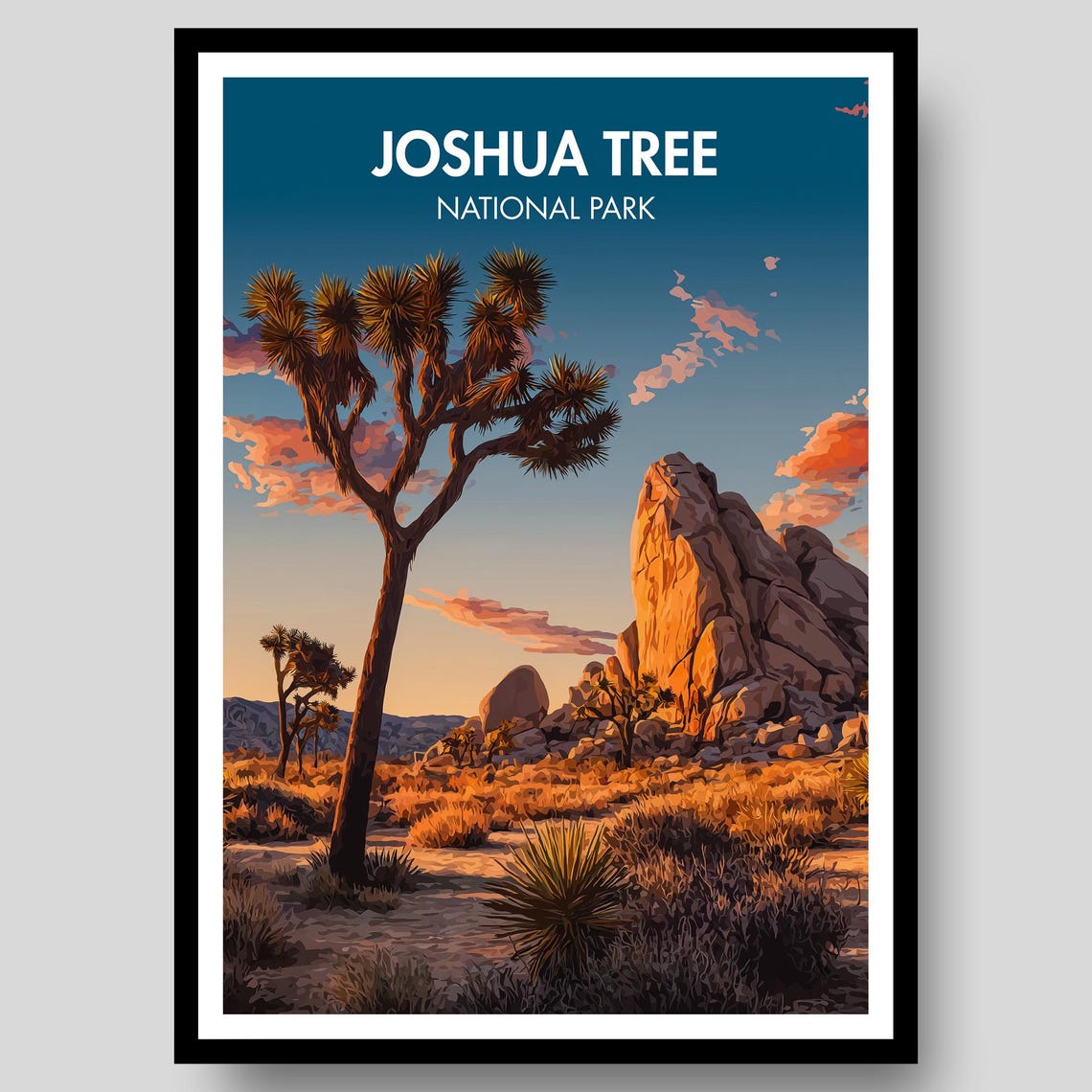 Joshua Tree National Park Dusk Rock Spires Golden Desert Art Poster