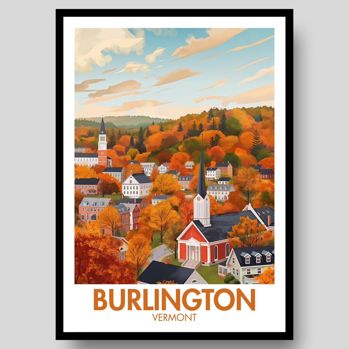 Burlington Vermont Fall Foliage Church Steeples Town Scenery Poster