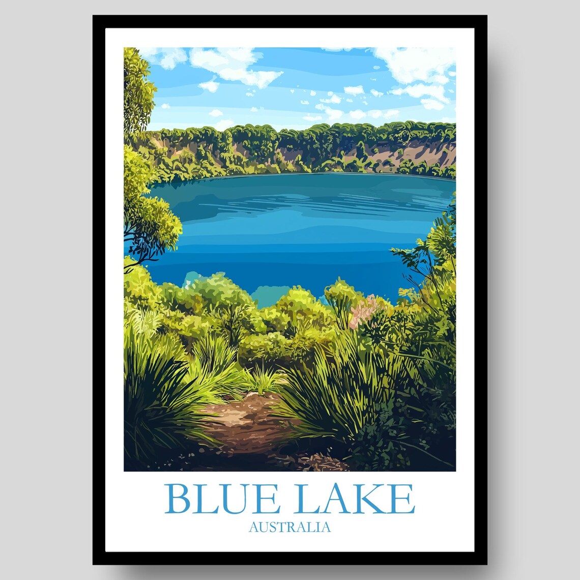 Blue Lake Australia Vibrant Blue Crater Lake Vintage Travel Poster