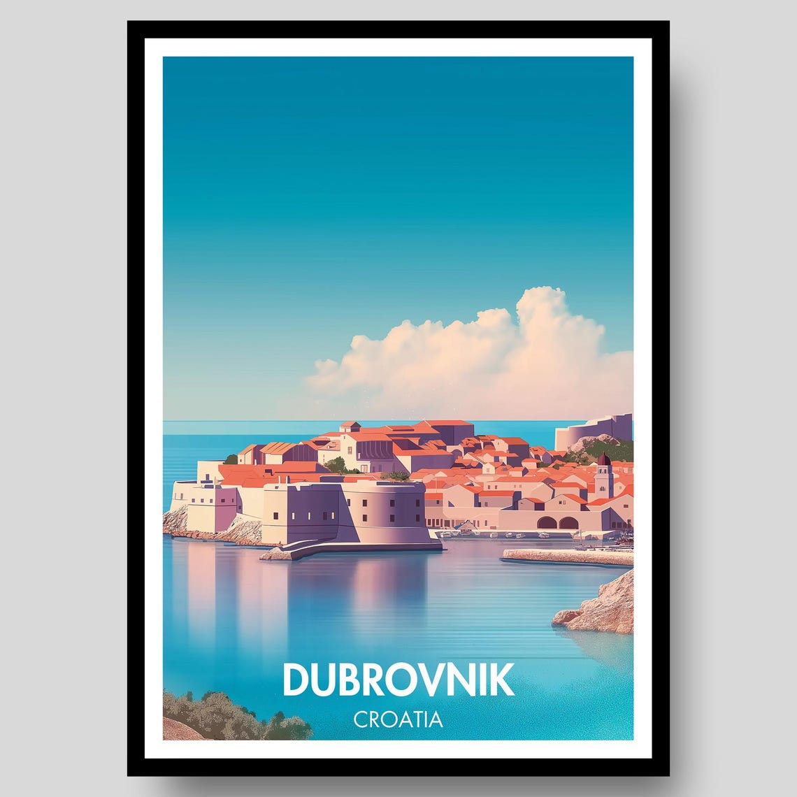 Dubrovnik Croatia Bay Fortress Blue Sea Retro Travel Art Poster