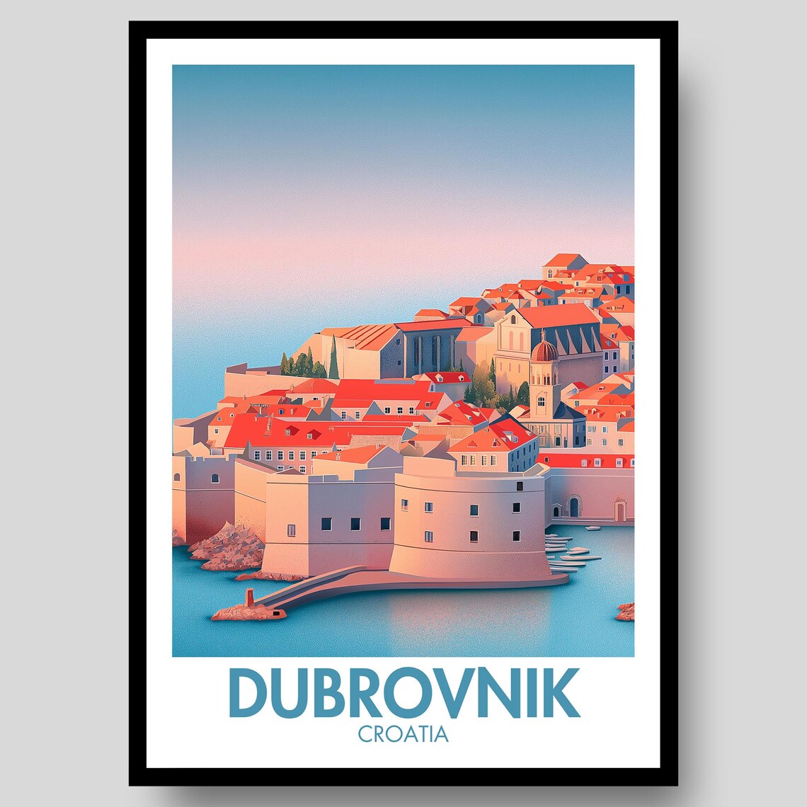 Dubrovnik Croatia City Walls Sunset Old Harbor Travel Poster