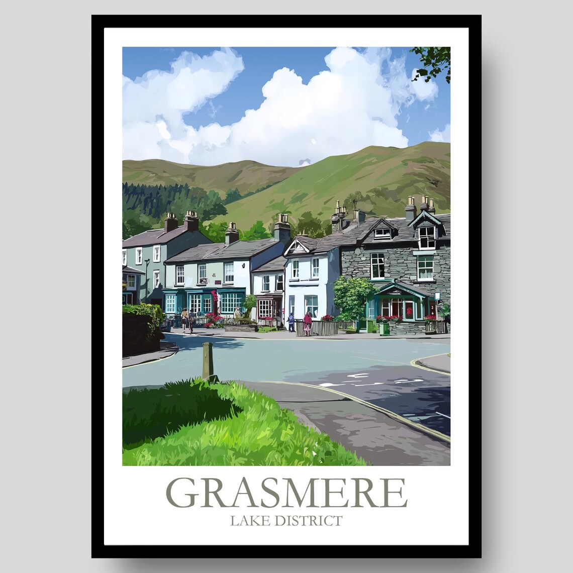 Grasmere Lake District Village Street Fells Stone Cottages Poster