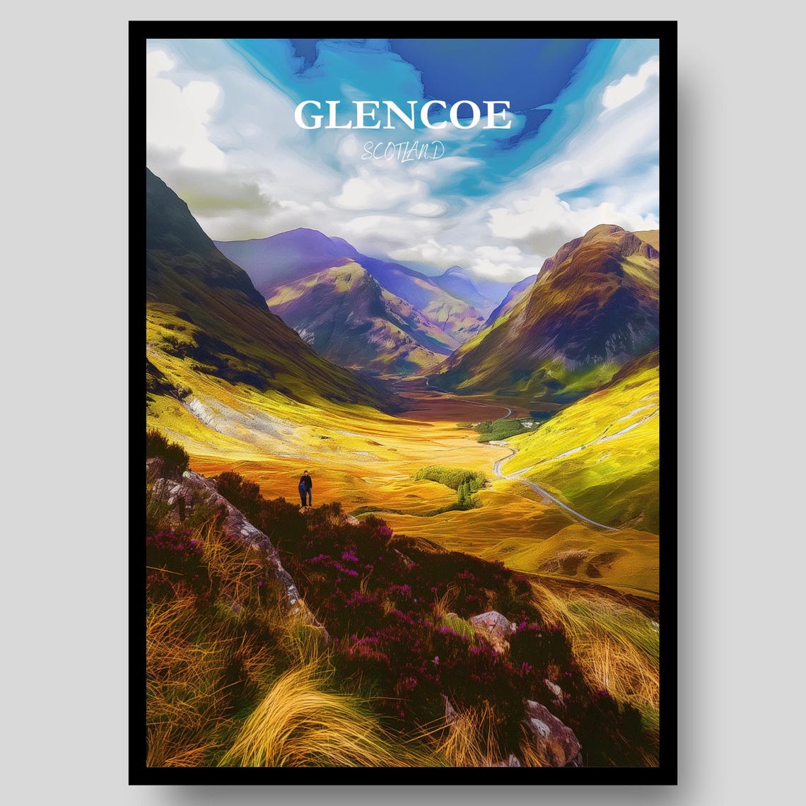 Glencoe Scotland Golden Valley Hiker Mountain Landscape Art Poster