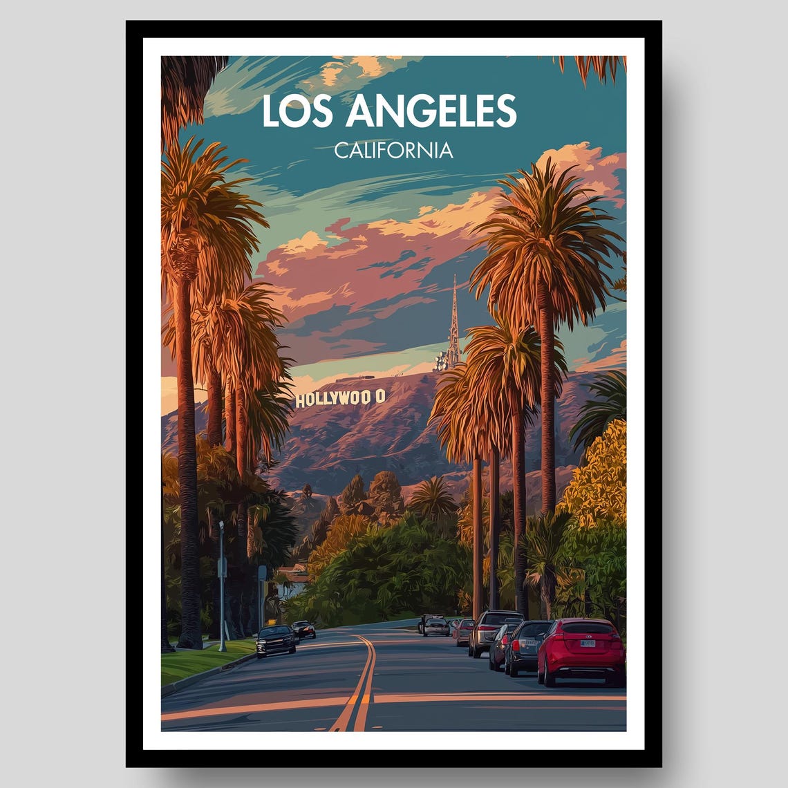 Los Angeles California Hollywood Sign Golden Hour Travel Poster