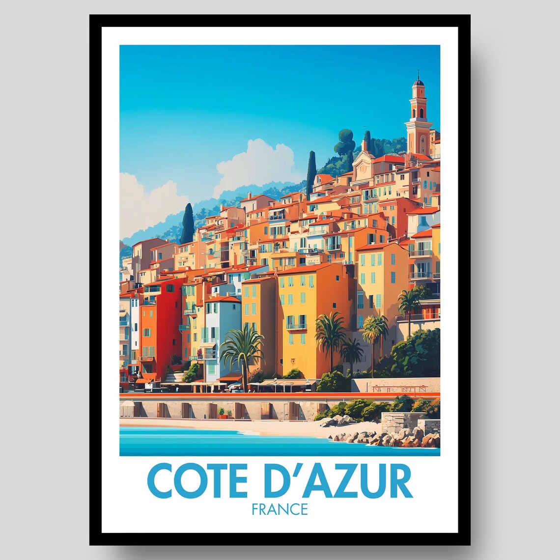 Cote D'Azur France Colorful Seaside Town Riviera Travel Poster