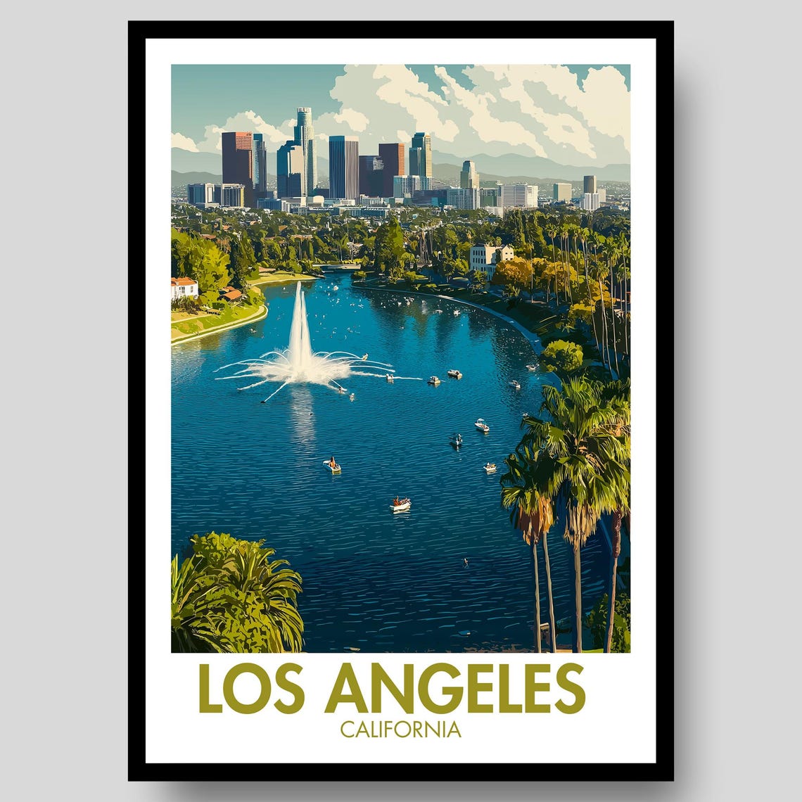 Los Angeles California Lake Fountain Downtown Skyline View Poster