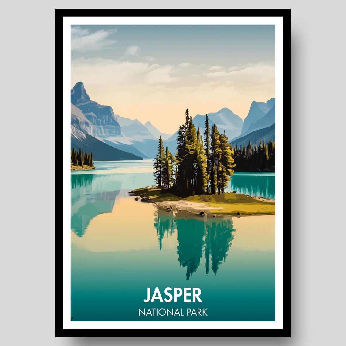 Jasper National Park Canada Lake Island Mountains Retro Travel Poster