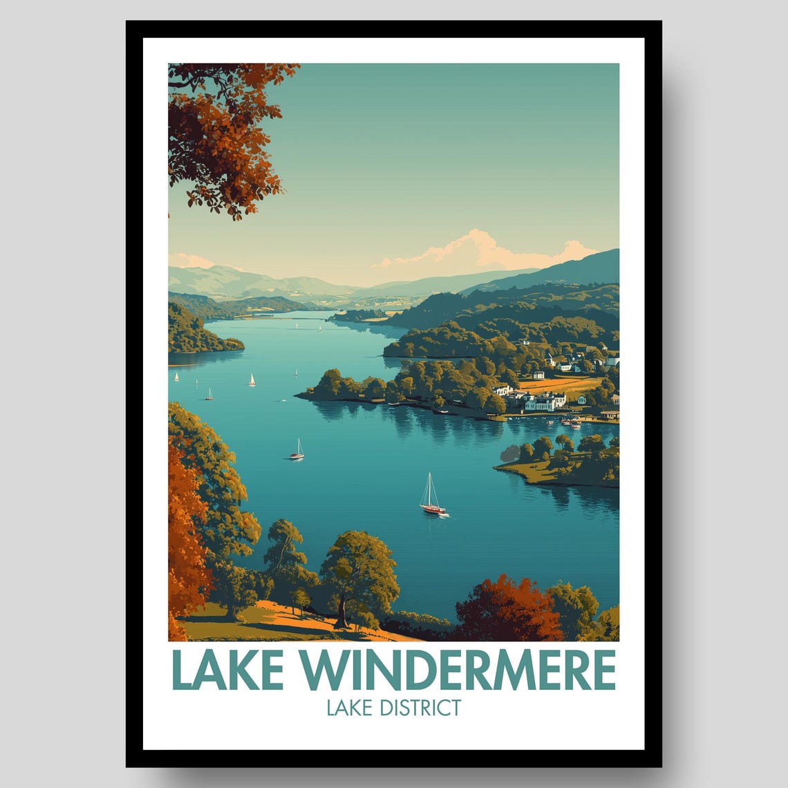 Lake Windermere Lake District Sailboats Scenic Travel Poster England