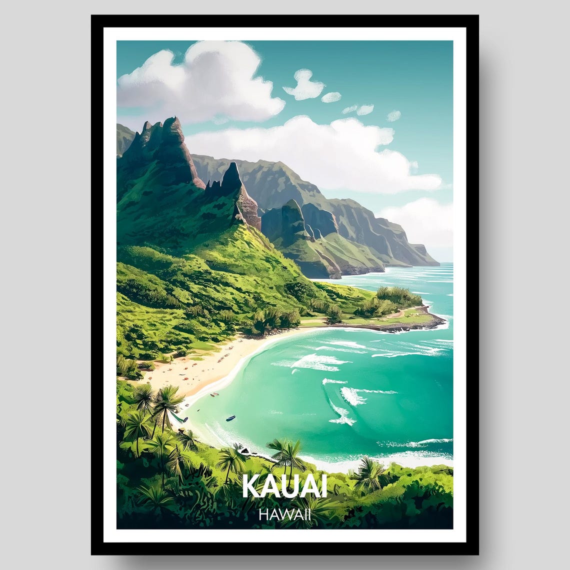 Kauai Hawaii Tropical Beach Paradise Ocean Waves Travel Poster