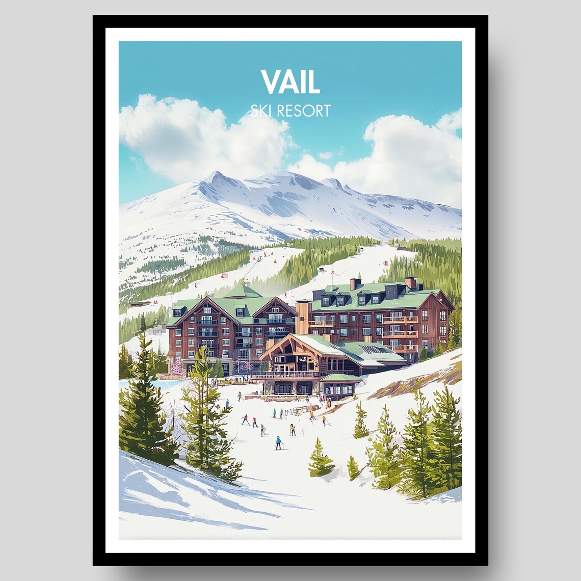 Vail Colorado Ski Resort Slopes Village Illustrated Winter Travel Poster