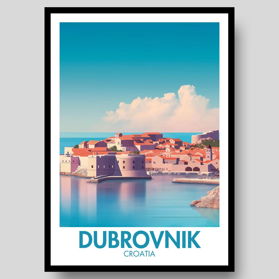 Dubrovnik Croatia Old Walls Bay Calm Sea Retro Travel Poster