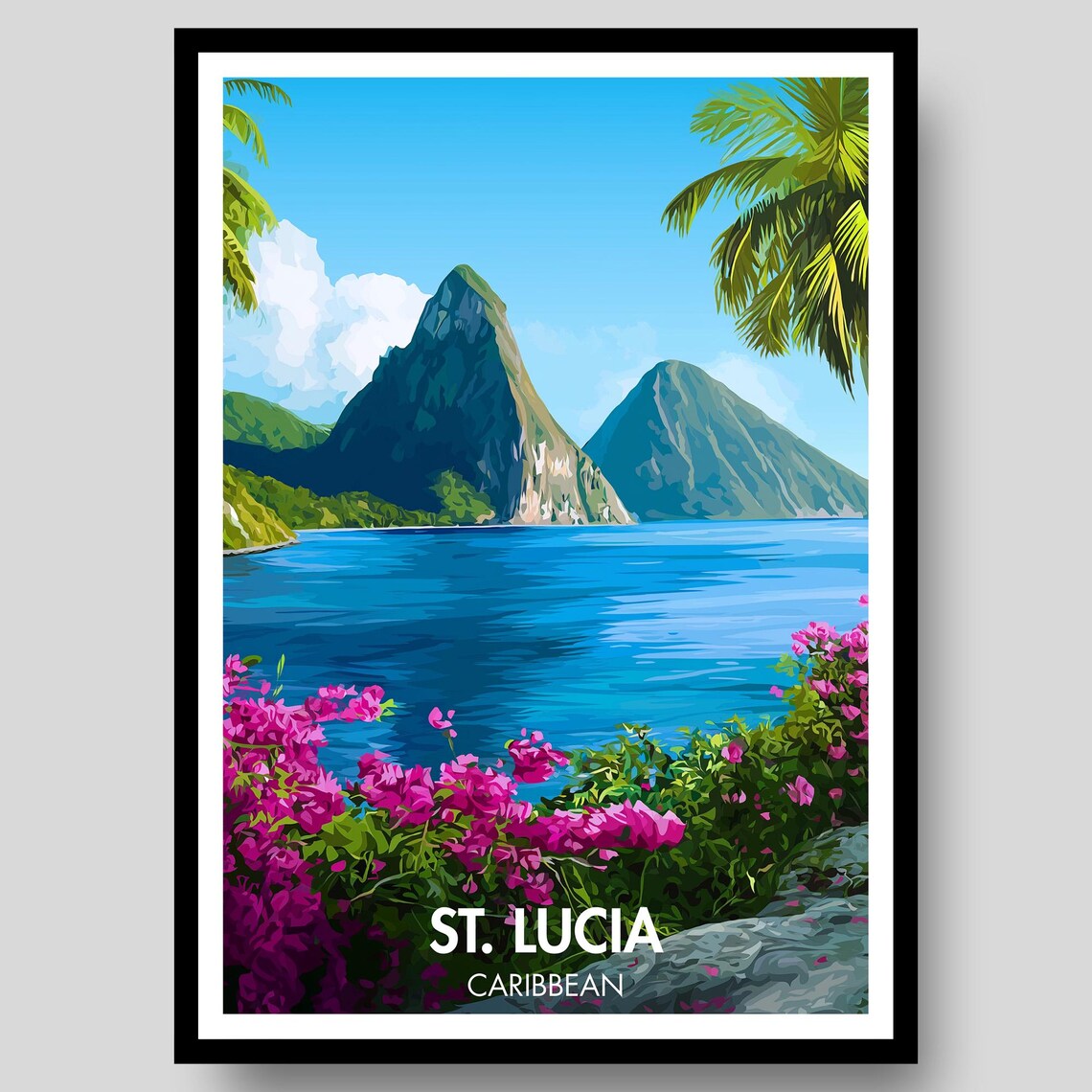 Saint Lucia Pitons Volcano Peaks Flowers Vintage Caribbean Travel Poster