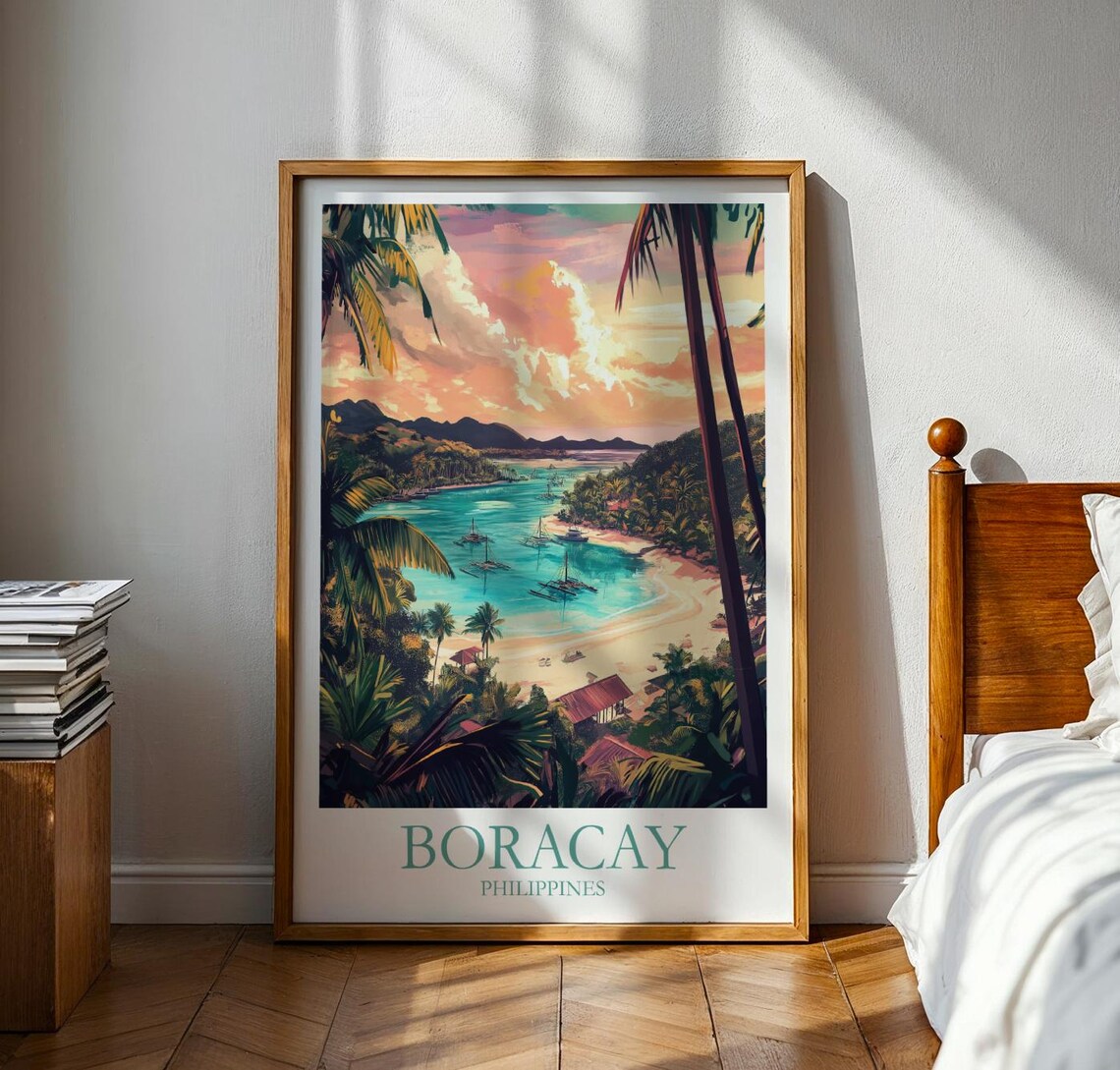Boracay Philippines Sunset Beach Bay Sailboats Tropical Travel Poster