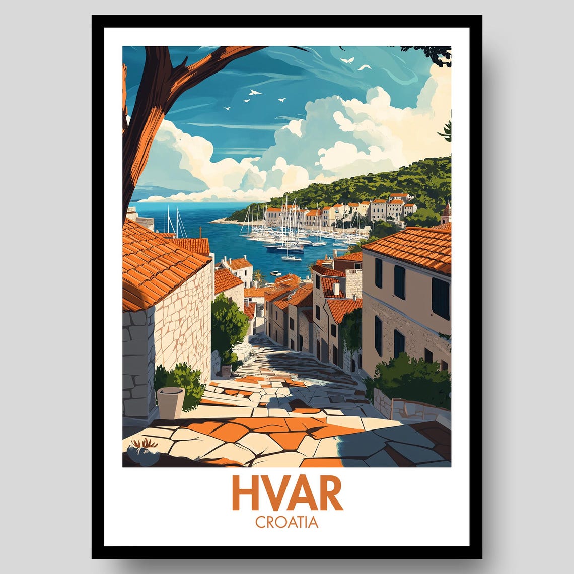 Hvar Croatia Island Marina Stone Street Orange Rooftops Poster