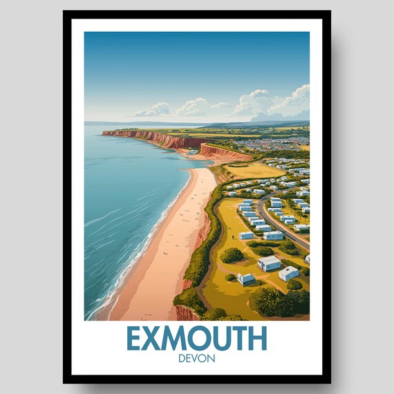 Exmouth Devon Red Cliffs Beach Aerial Retro Travel Illustration Poster