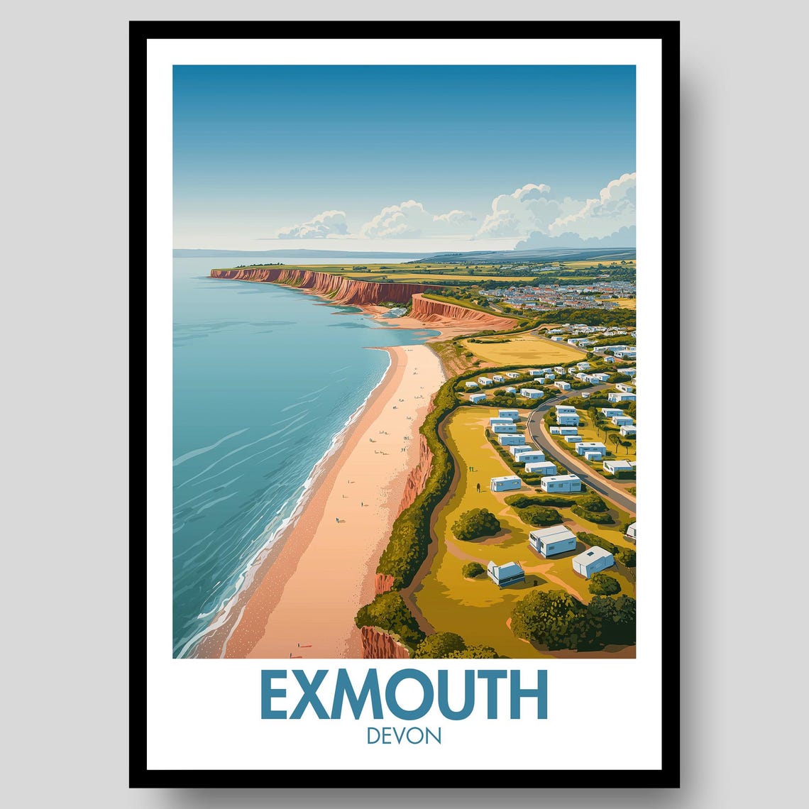 Exmouth Devon Red Cliffs Beach Aerial Retro Travel Illustration Poster