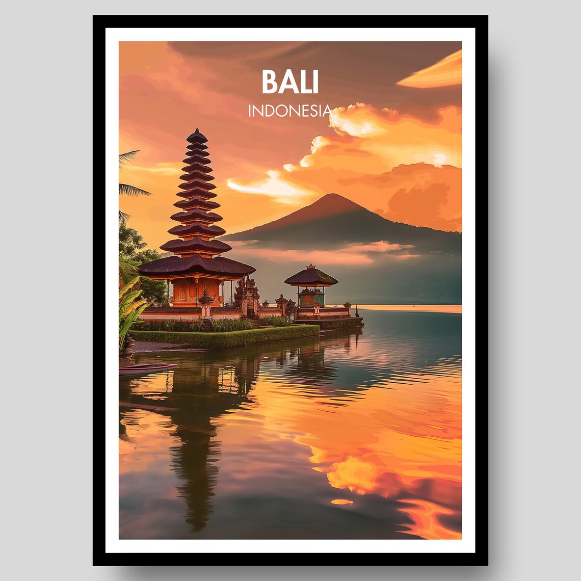 Bali Indonesia Water Temple Lake Sunset Vintage Travel Poster