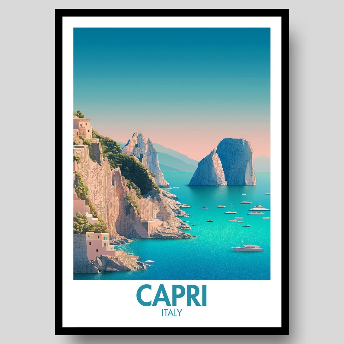 Capri Italy Faraglioni Rocks Dusk Turquoise Sea Vintage Art Poster