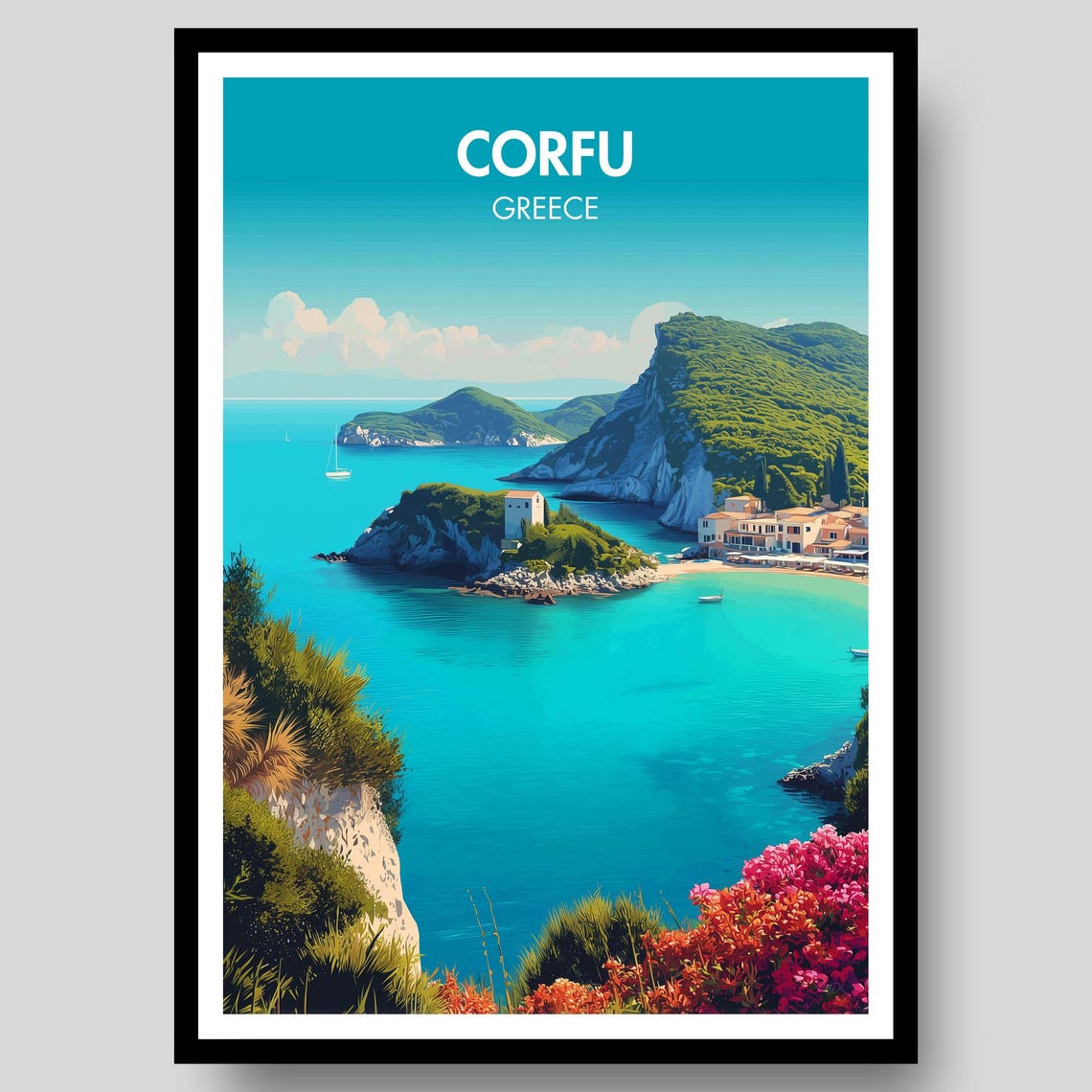 Corfu Greece Turquoise Coastline Cliffs Vintage Travel Poster