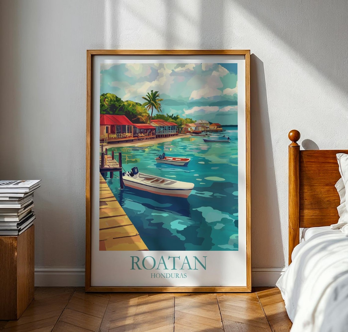 Roatan Honduras Caribbean Dock Boats Turquoise Water Travel Poster