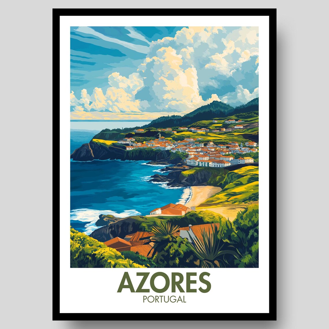 Azores Portugal Green Cliffside Coastal Village Travel Poster