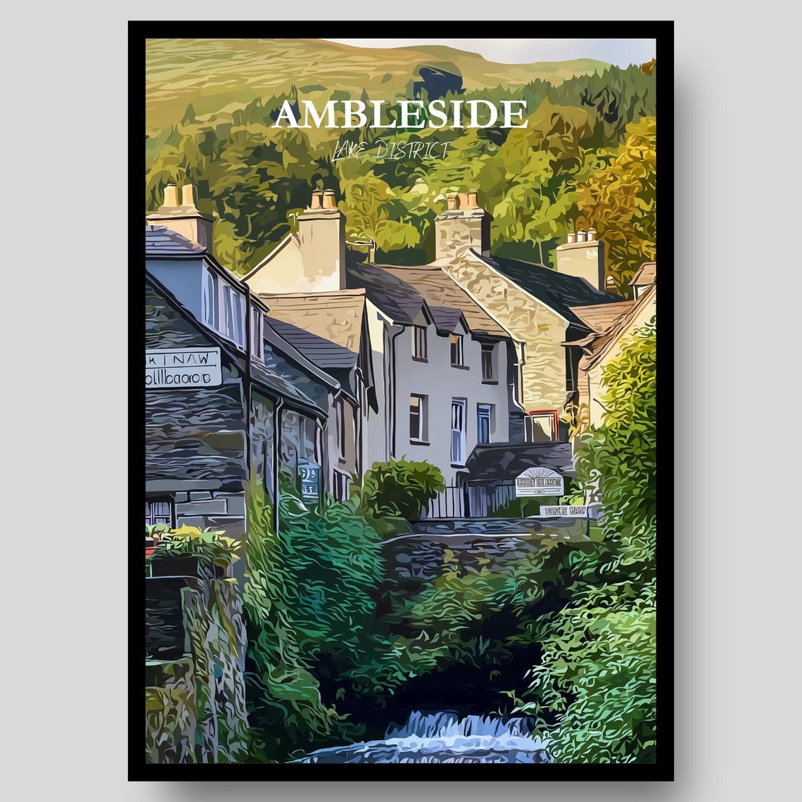 Ambleside Lake District Stone Cottages Stream Waterfall Travel Poster