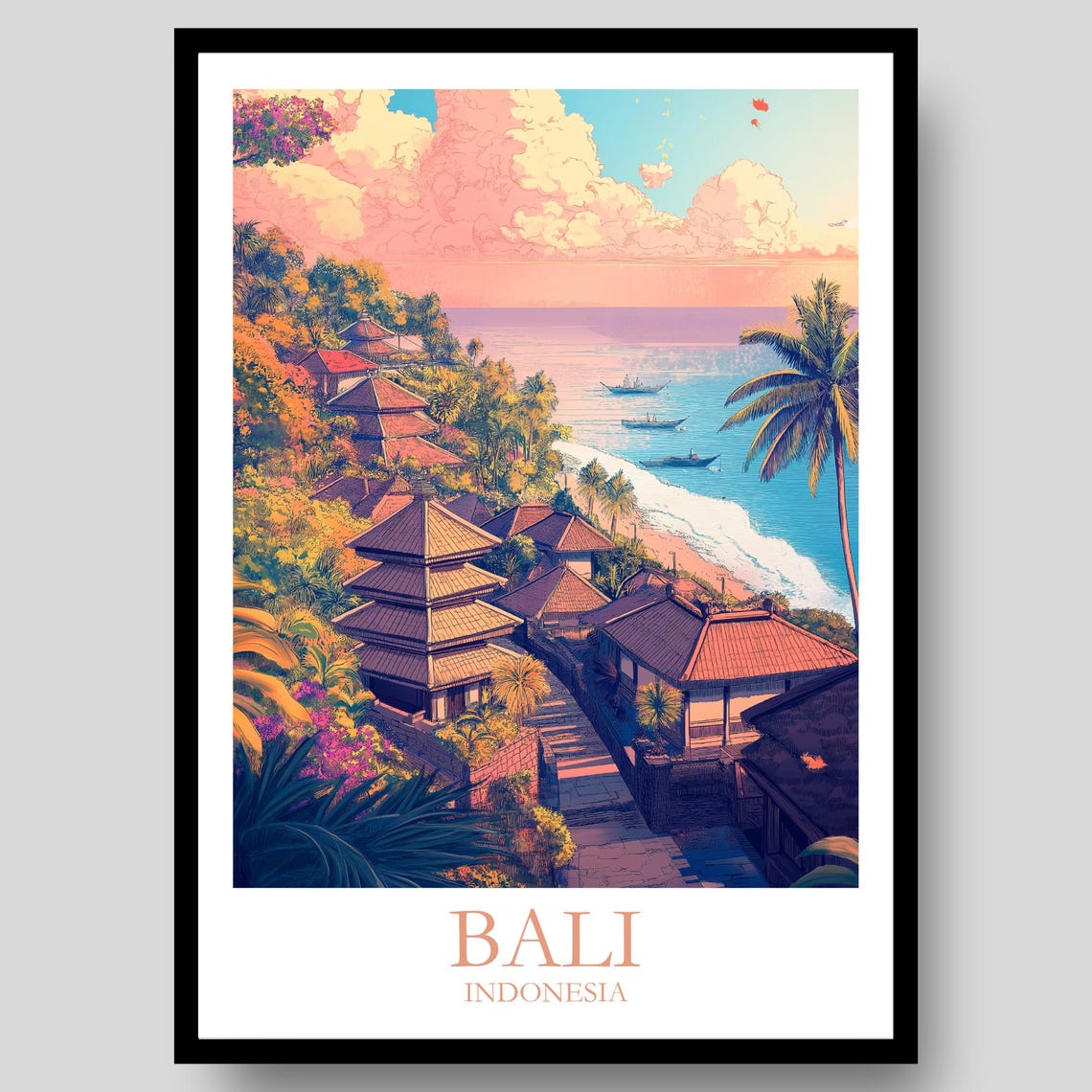 Bali Indonesia Temple Village Beach Lush Sunset View Art Poster
