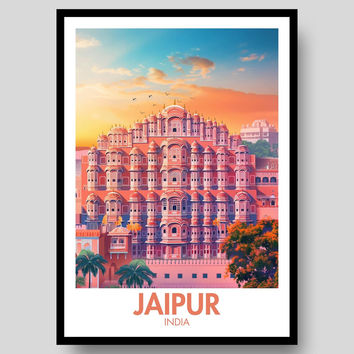 Jaipur India Hawa Mahal Pink Palace Sunset Vintage Travel Poster