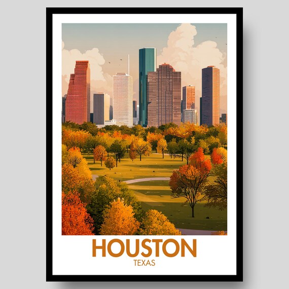 Houston Texas Downtown Skyline Autumn Park Golden Travel Poster