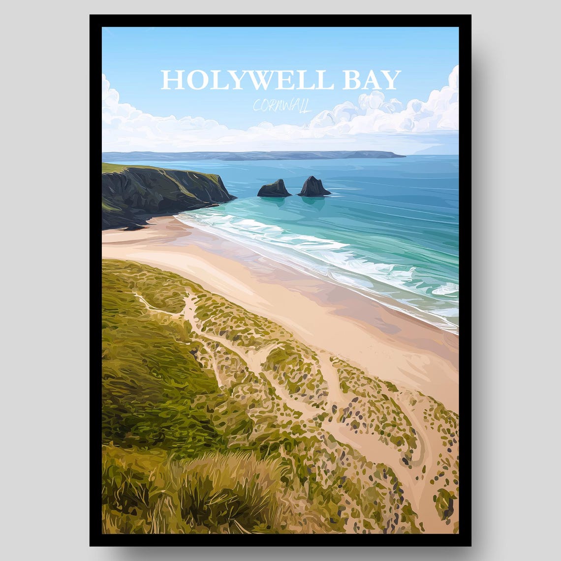 Holywell Bay Cornwall Full Bleed Sand Dunes Coastal Travel Poster