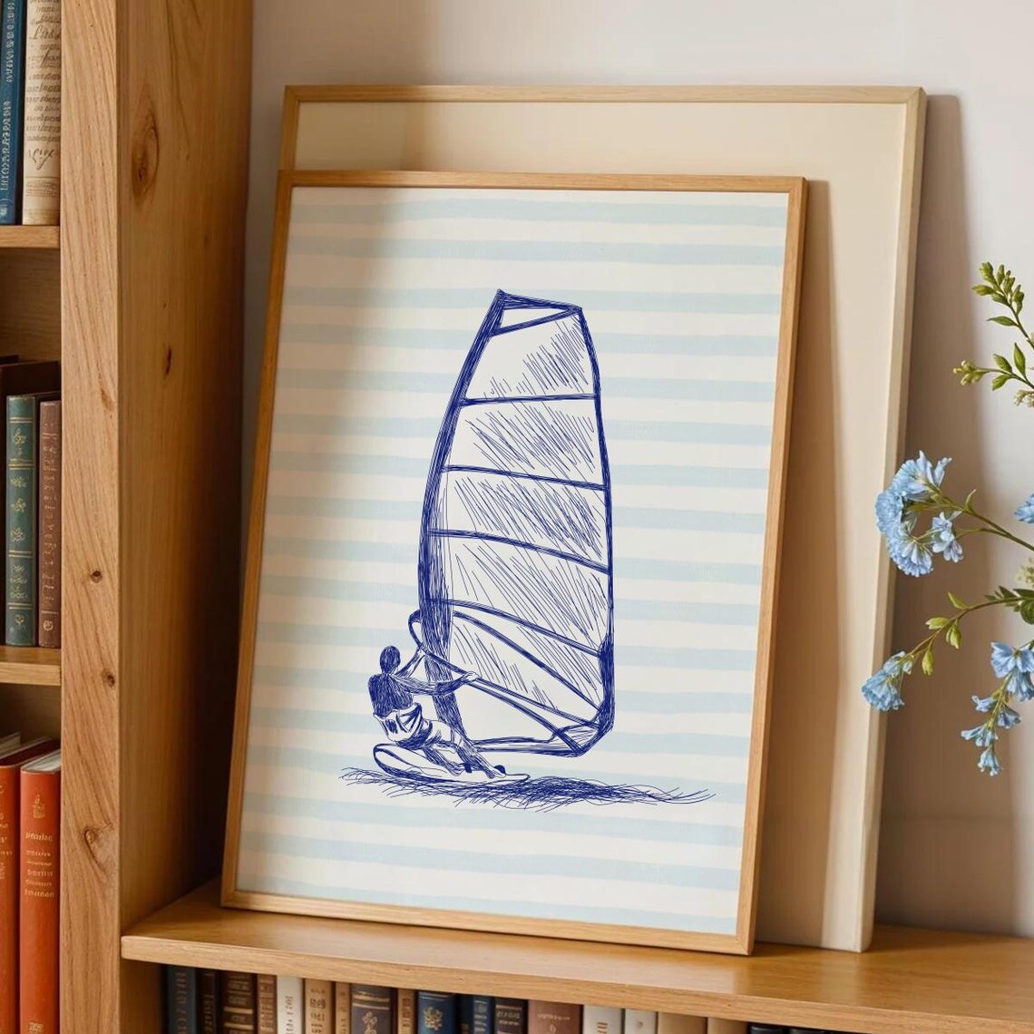 Windsurfing Sail Sketch Blue Striped Coastal Ocean Art Print