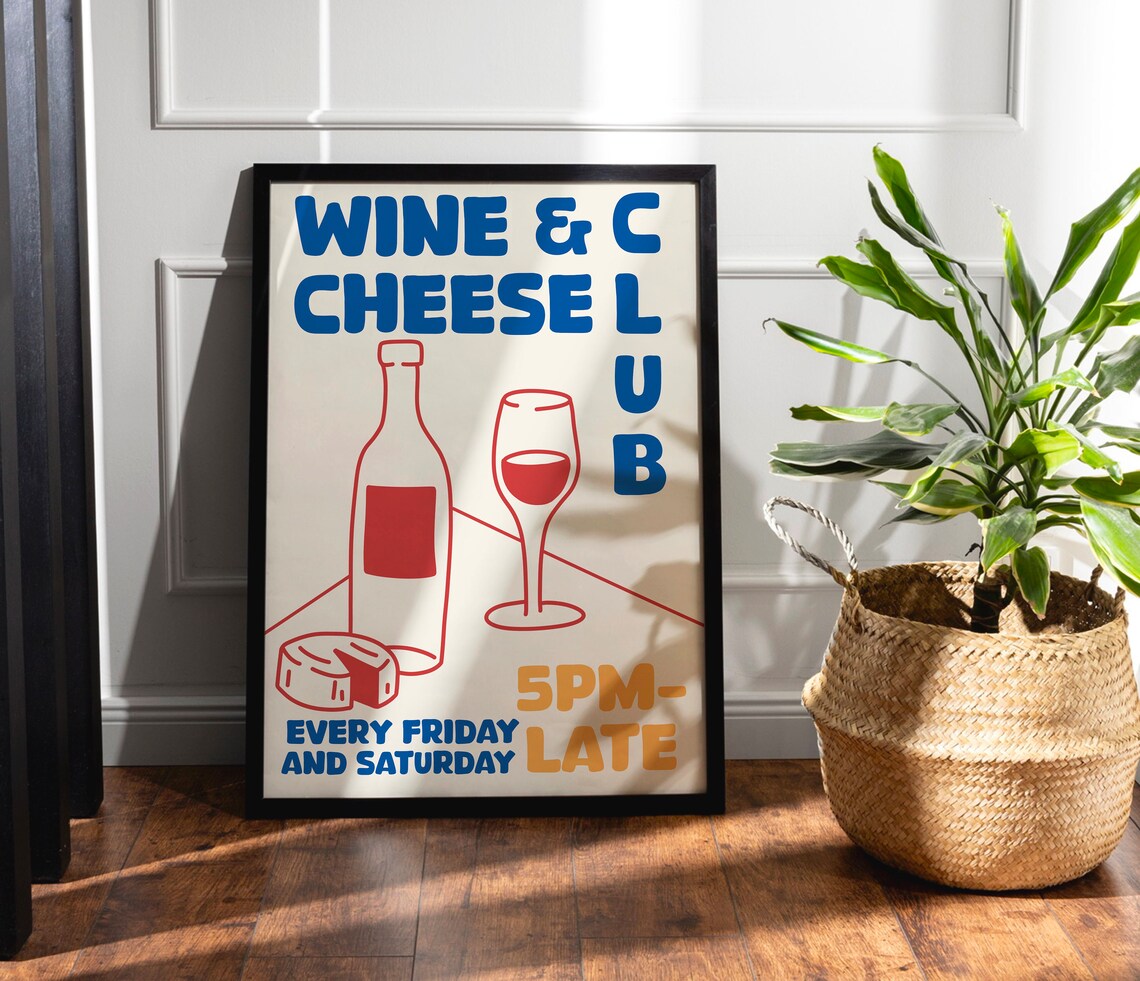 Wine And Cheese Club Retro Kitchen Bar Cart Gathering Poster